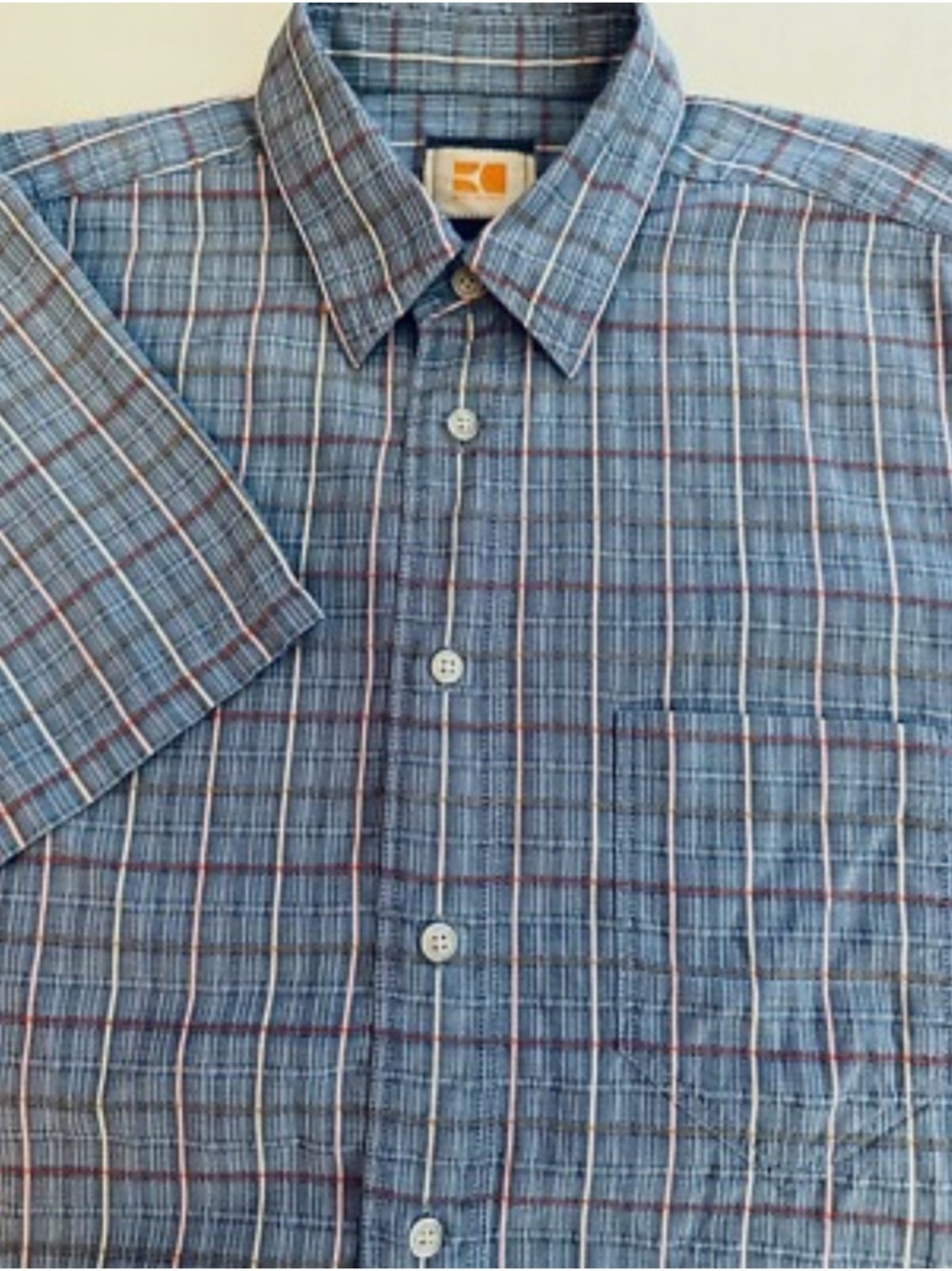 BOSS ORANGE Short-Sleeve Blue Plaid Button-Down Shirt